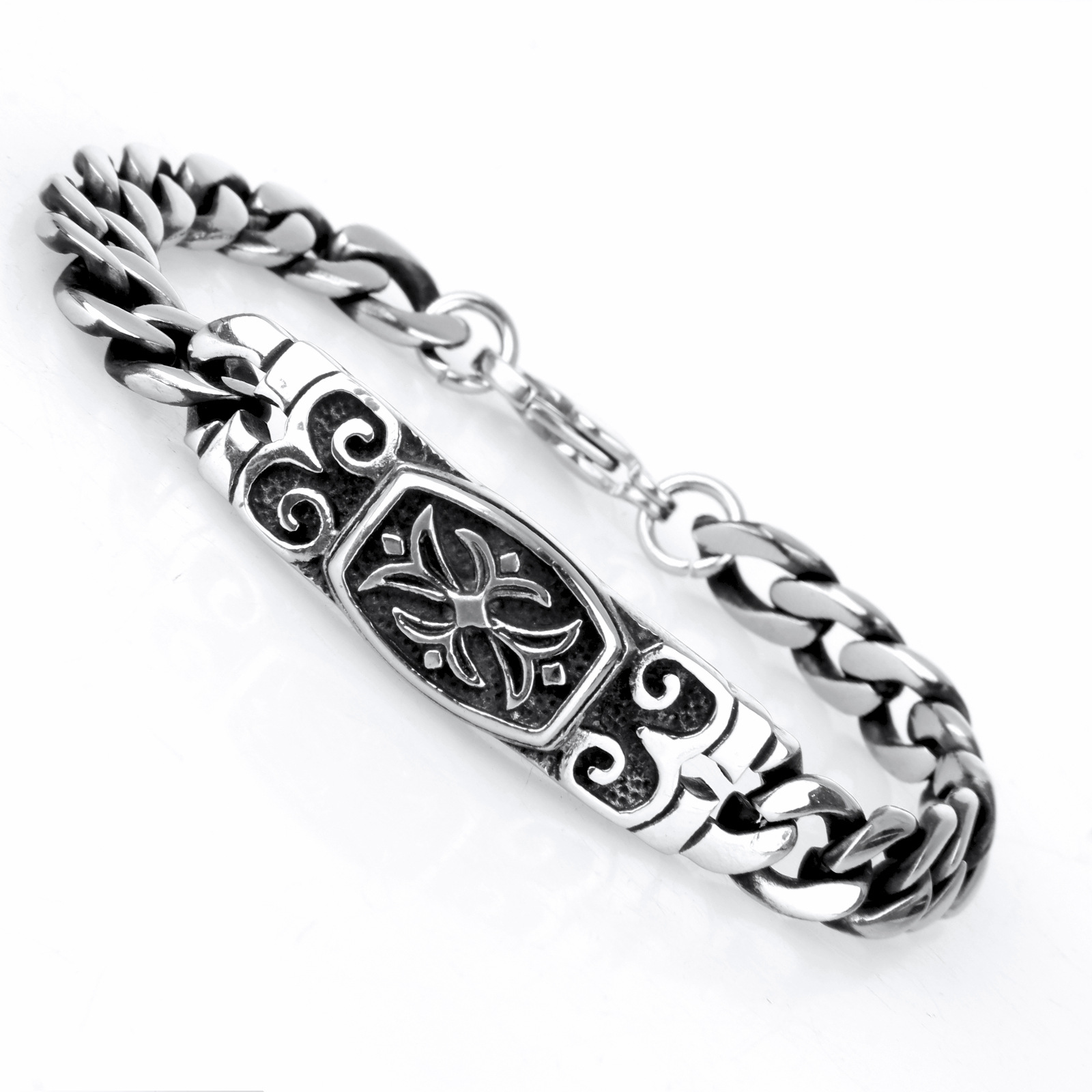 欧美不锈钢手环 外贸单 男士饰品 复古图腾钛钢十字花手链bp0013