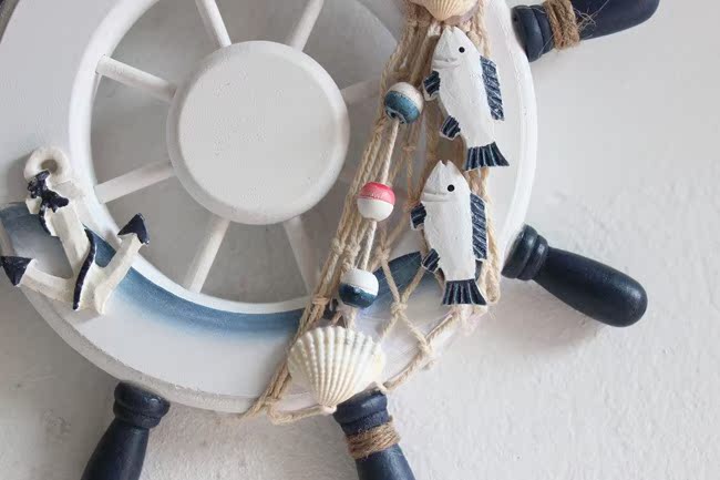 23cm船舵地中海装饰品手工木质工艺蓝白创意航海船舵手