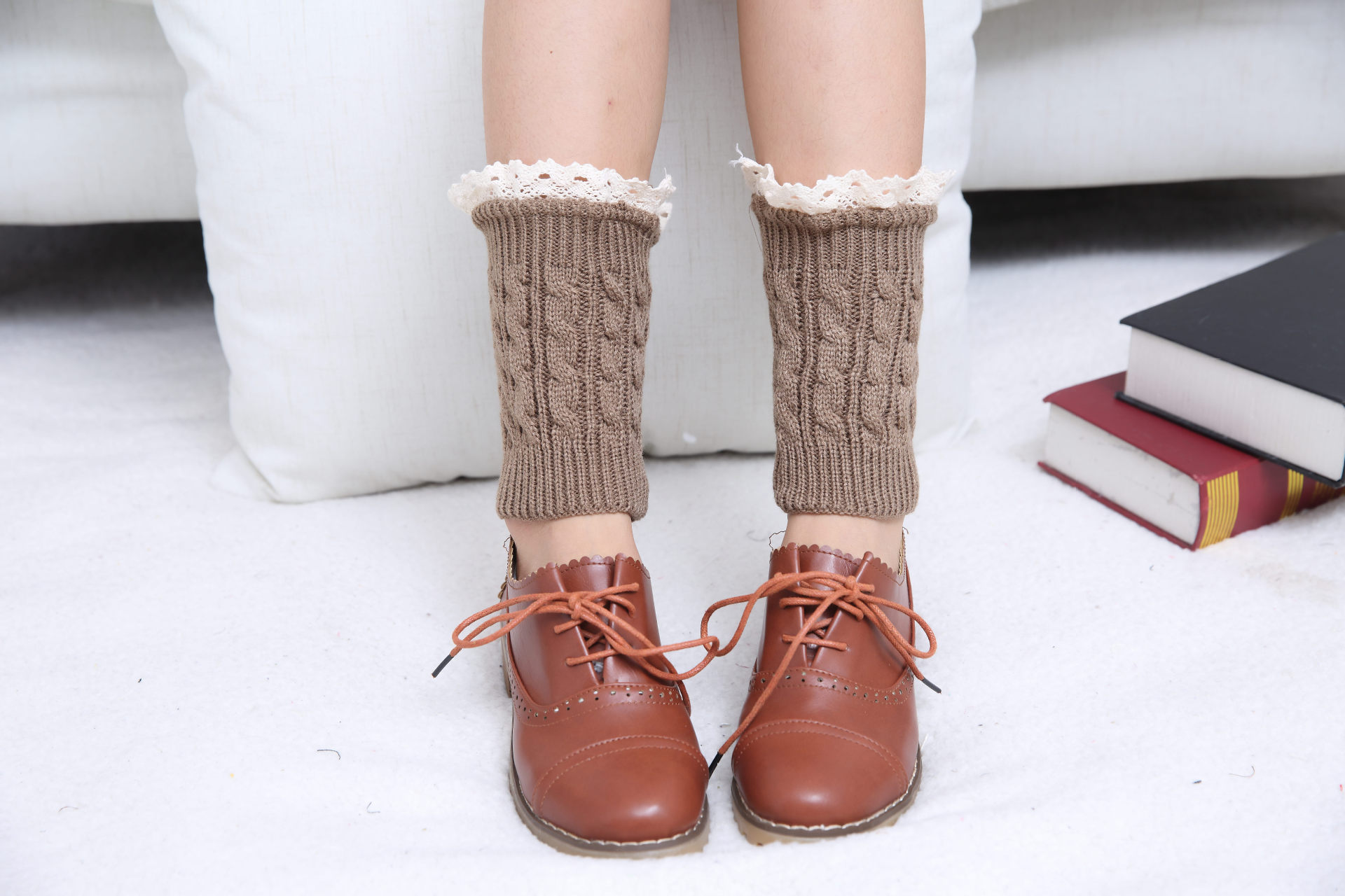 欧美新款蕾丝花边八字麻花纹短款毛线袜套 秋冬女针织护腿靴脚套