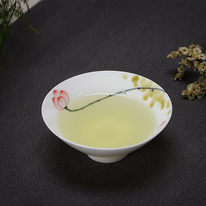 超薄胎茶杯 手绘荷花斗笠杯 茶盏 景德镇陶瓷功夫茶具 釉下彩白瓷