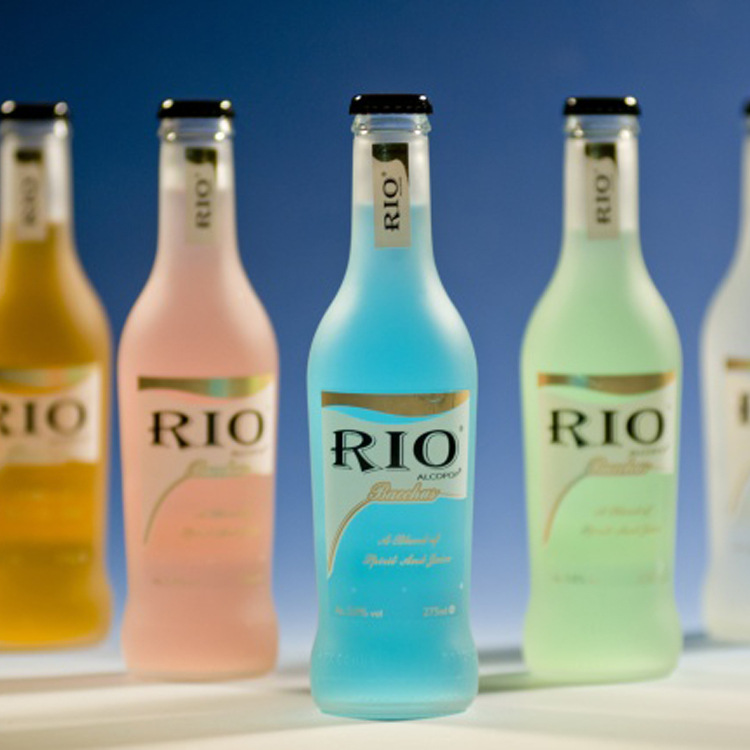 厂家直销鸡尾酒瓶 275ml蒙砂玻璃 高白料锐澳rio 鸡尾酒瓶