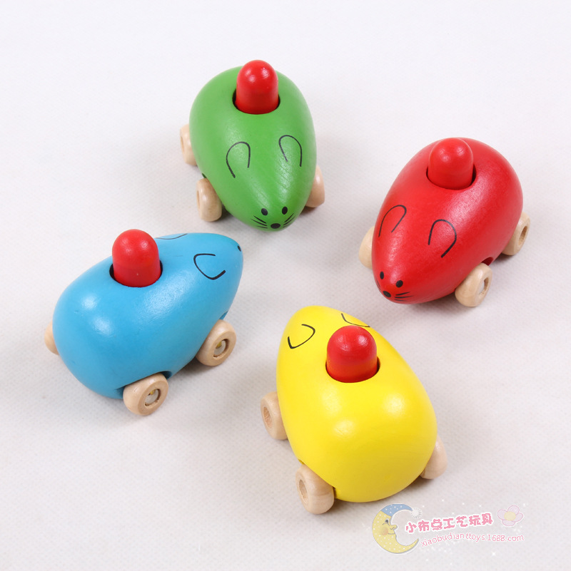 可爱木制老鼠bb响车 小宝宝木头车 光滑圆润 有趣木质儿童玩具