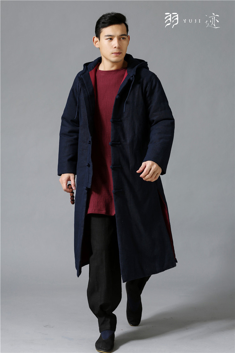 2020秋冬男装 中式盘扣对襟长款唐装棉衣连帽亚麻加厚男棉袄 批发