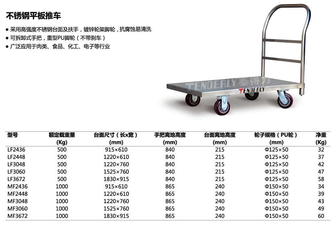 供应泰得力品牌载重500kg的不锈钢平板推车