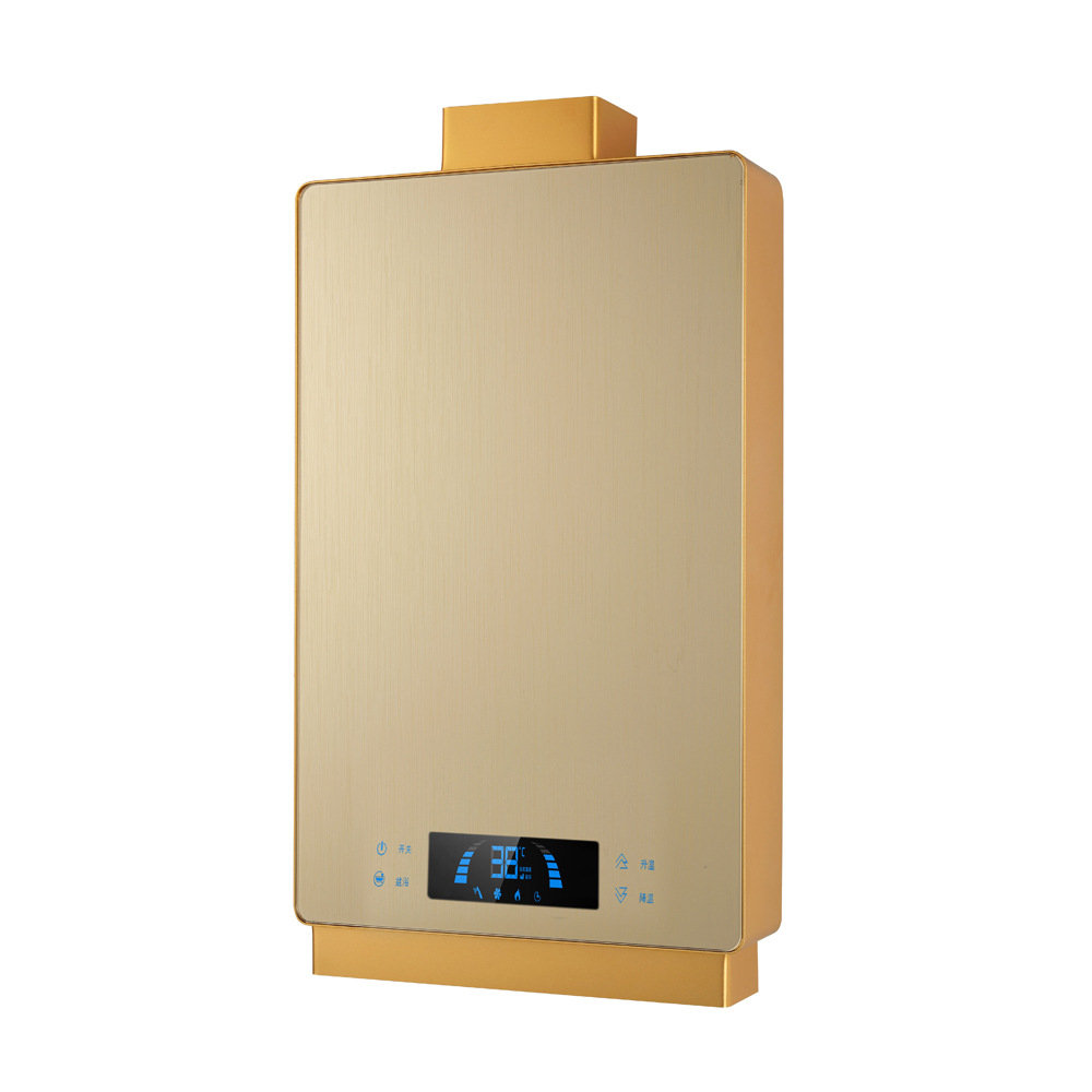 厂家供应土豪金款12l强排式恒温即热天燃气热水器 土豪金包边t01