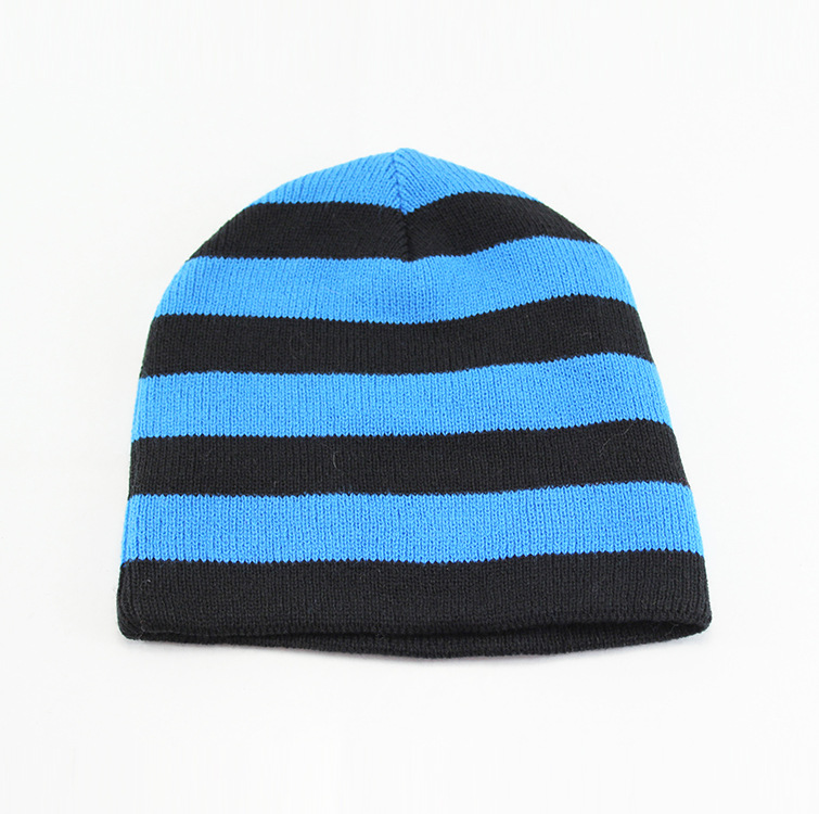 韩版帽子女冬季新款 冬季保暖帽 蓝黑色撞色条纹圆顶包头针织帽子