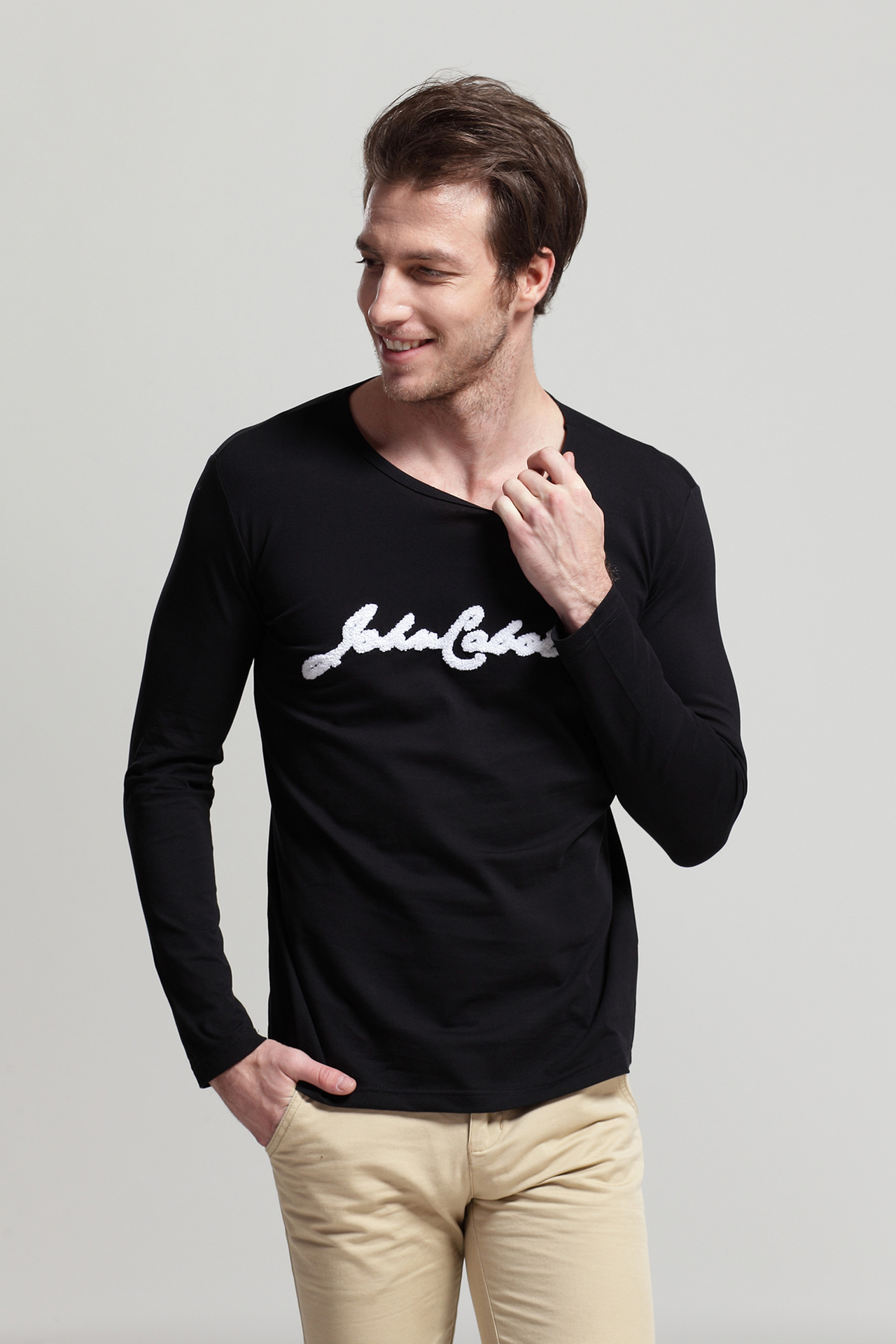 johncabot春季男装t恤男韩版男士长袖t恤男大码圆领修身打底衫男