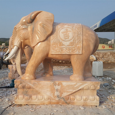 销售石雕大象 曲阳晚霞红吉祥如意石雕大象风水摆件雕刻定做