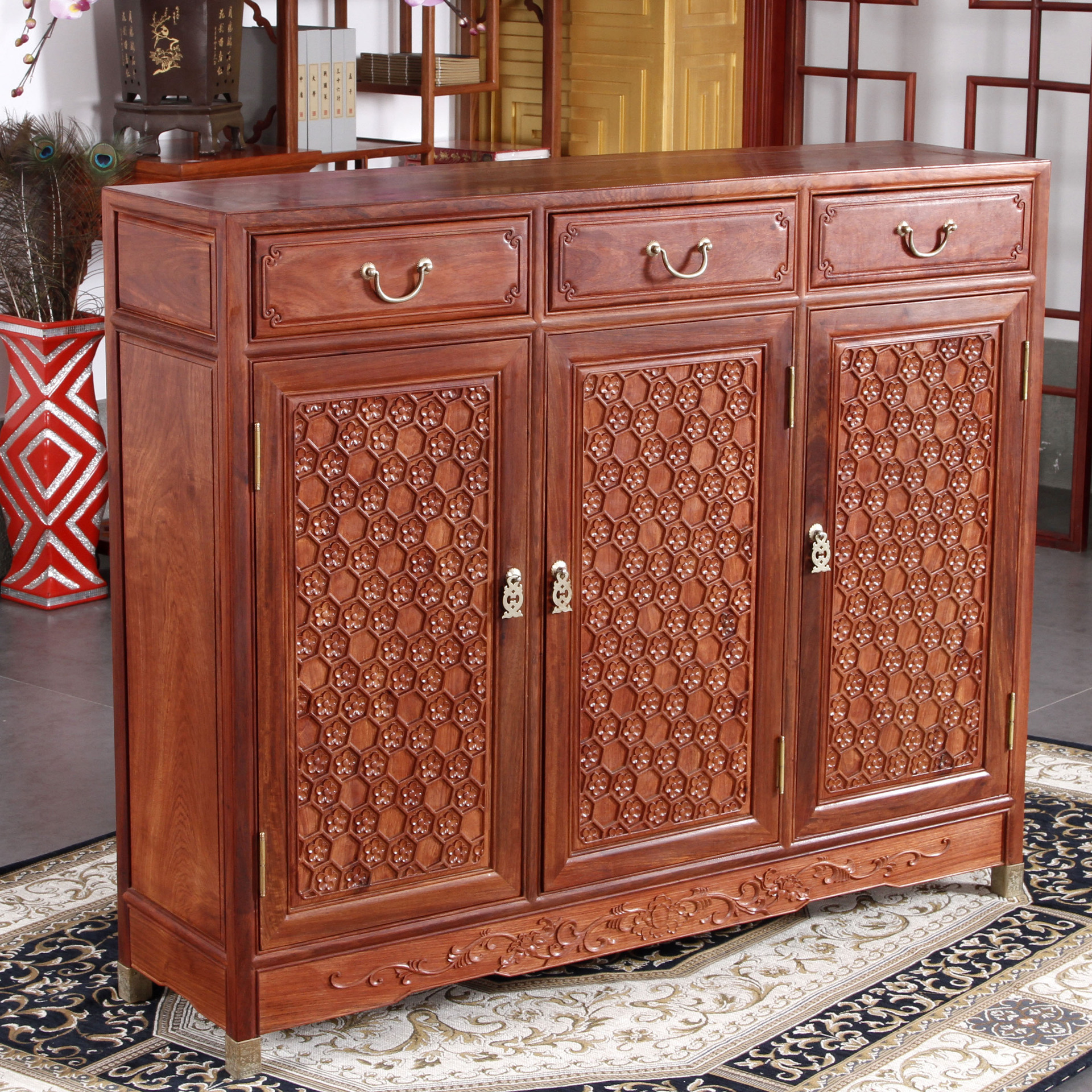 缅甸花梨鞋柜收纳柜 古典雕花客厅柜子中式仿古实木玄关