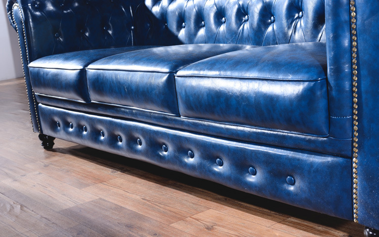 美式深蓝色皮艺沙发北欧真皮沙发拉扣客厅沙发ktv酒店复古沙发