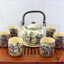 景德镇陶瓷正品7头仿古釉中彩 韩式大容量提梁茶具套装 美女