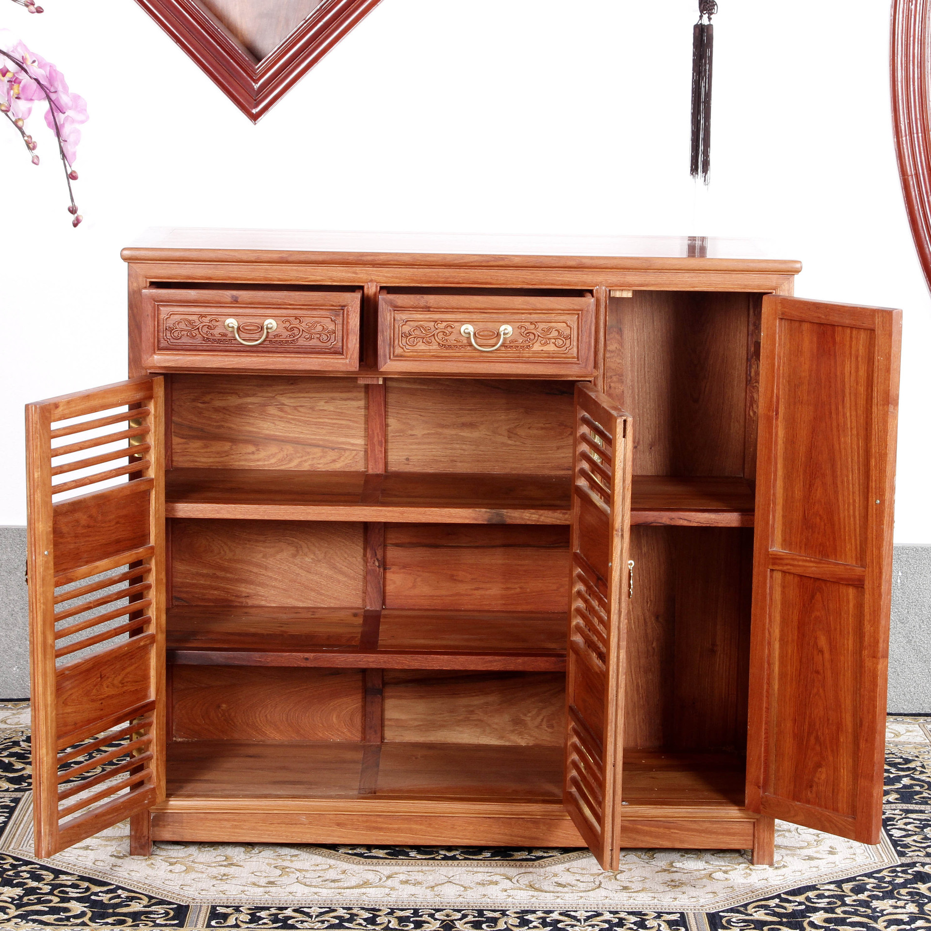 缅甸花梨鞋柜中式古典红木雕花鞋柜三门靴子柜带抽屉