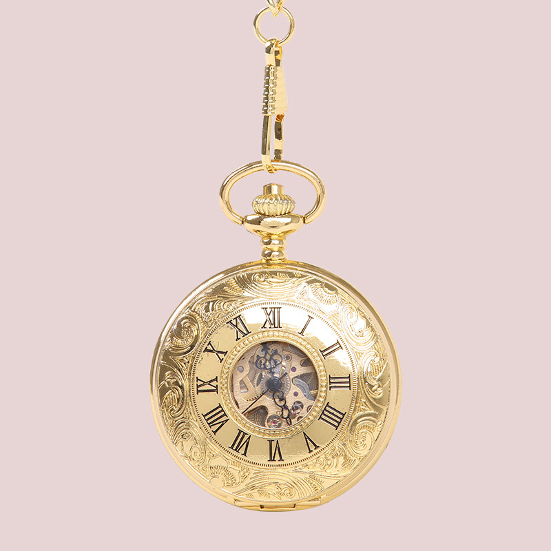 古典金色古罗马刻度机械怀表 内面简洁白面了罗马黑字怀表