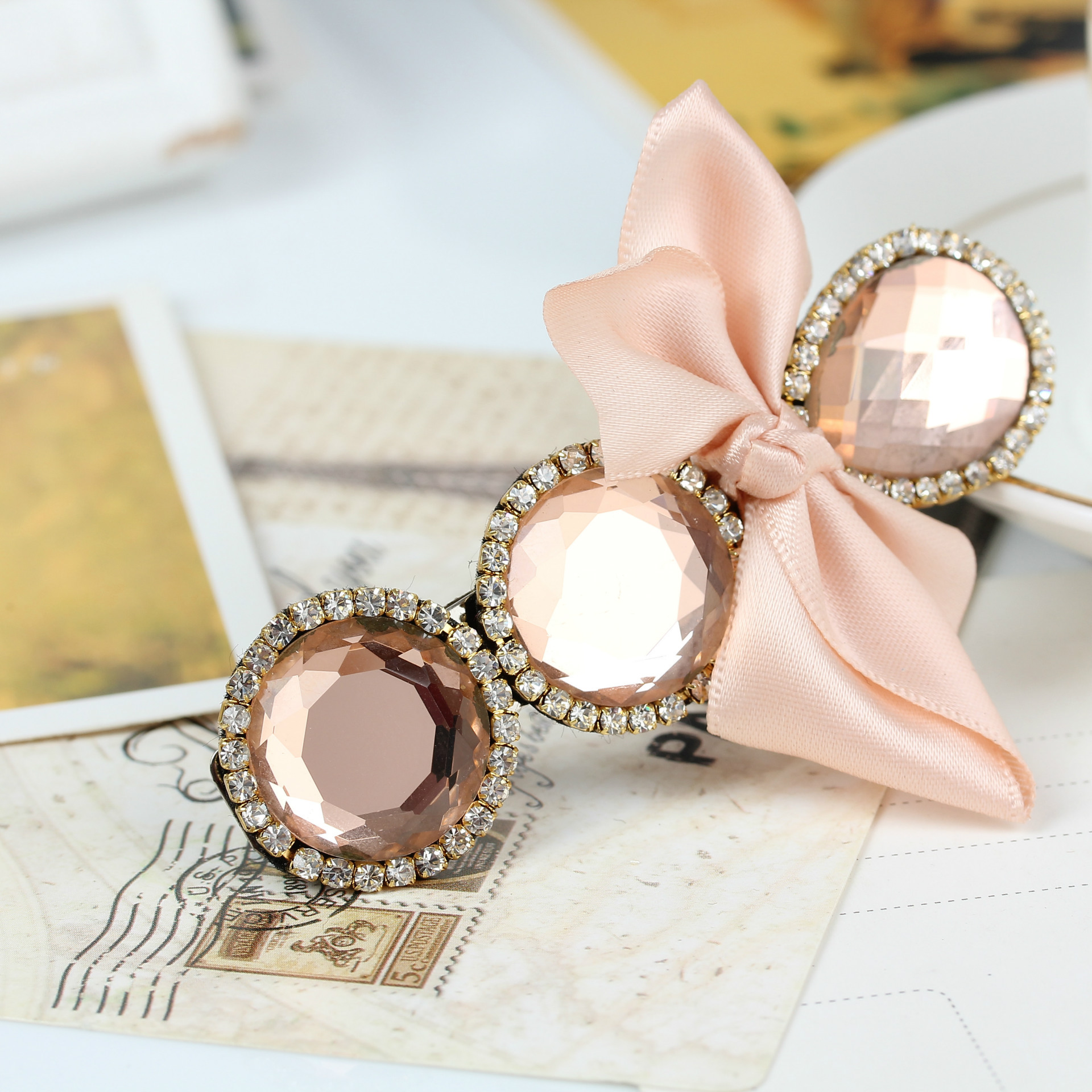 韩版新款高档水钻蝴蝶结发夹时尚布艺高档韩国超闪水晶发夹