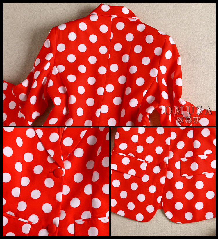 2016早春欧美新款红白波点喇叭袖西装两粒扣修身外套西装领女装