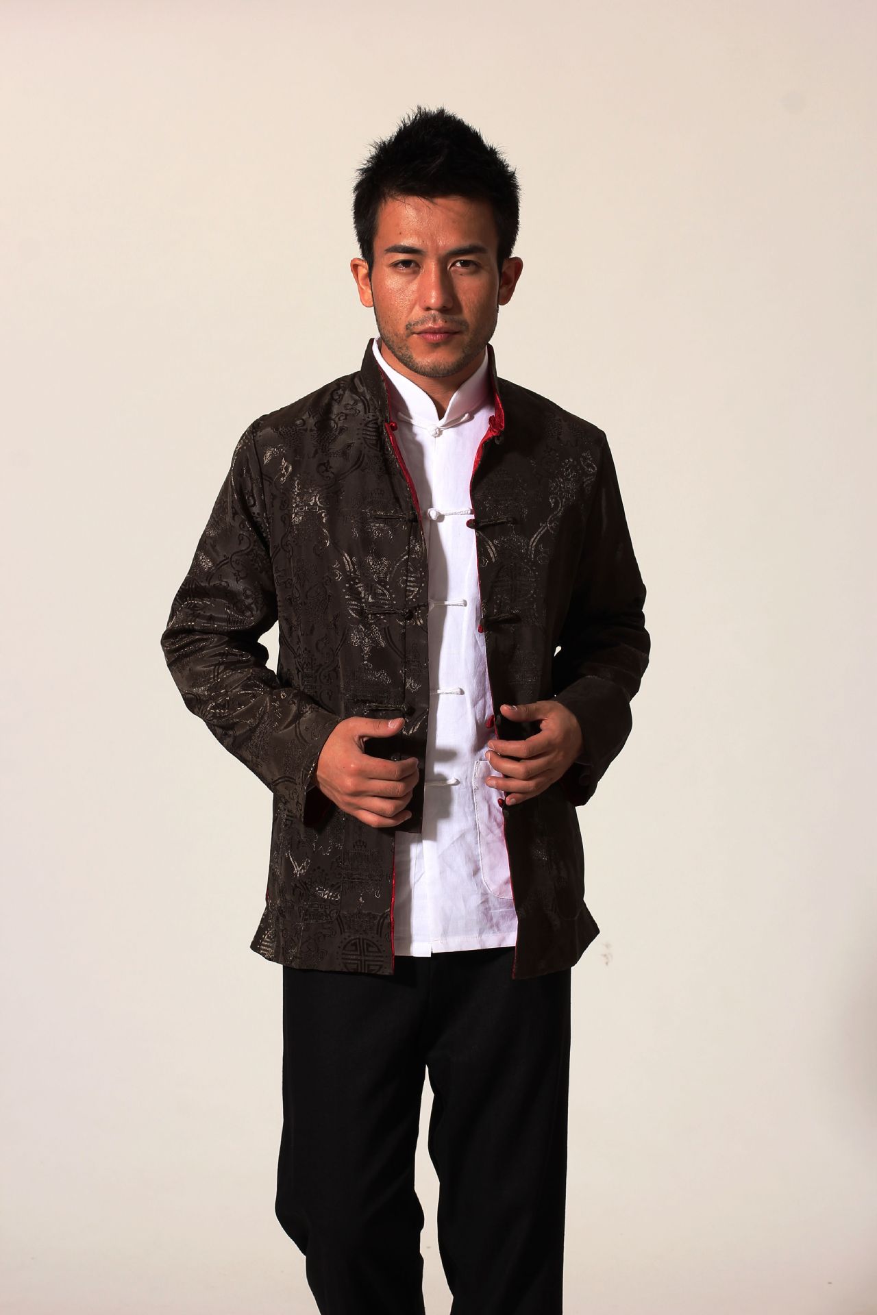 唐装男长袖改良复古男士唐装男丝绸双面日常时尚春秋冬男长袖唐装