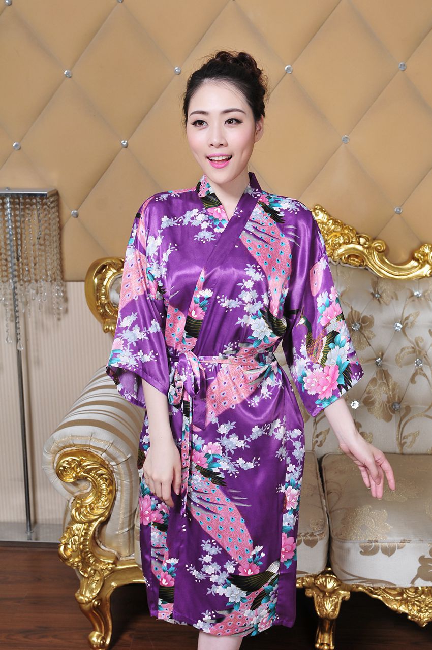 孔雀睡衣 女士夏季睡袍 家居服浴袍 薄款仿真丝绸唐装睡衣