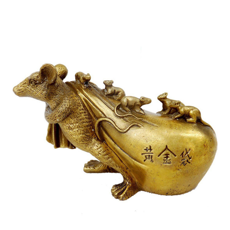 厂家直销纯黄铜黄金袋运财鼠摆件饰品家居铜老鼠摆件铜工艺品