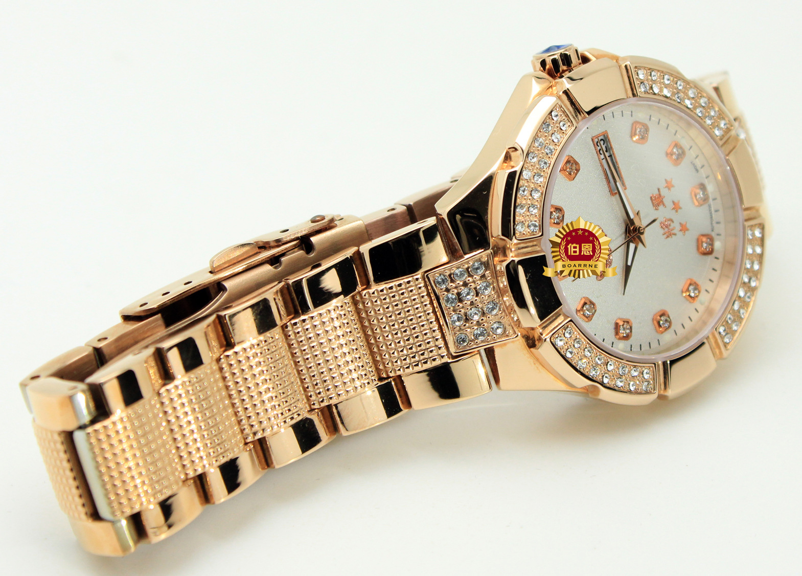 伯恩将军表 全钢自动机械双历玫瑰金蓝宝石镶钻防水手表厂家直销