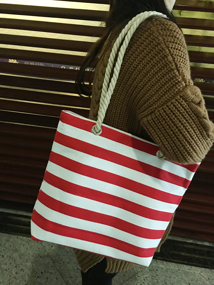 2015爆款 简单百搭单肩包 红色条纹帆布包麻绳女包沙滩包 1件起批