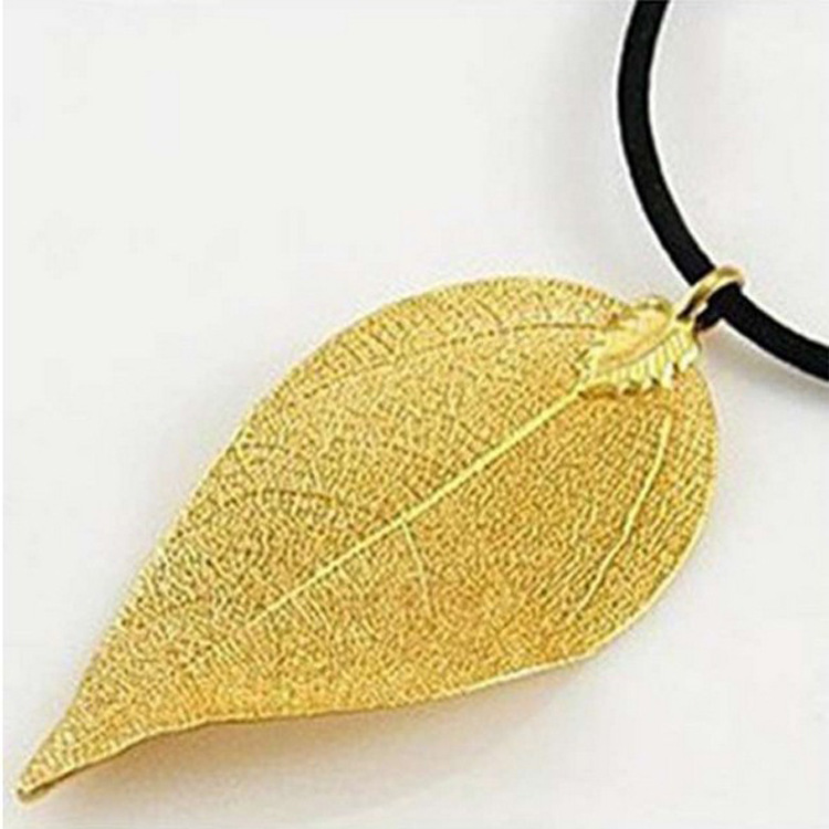 24k金叶子 金叶子吊坠 天然树叶镀24k金 情侣项链 带盒子证书皮绳
