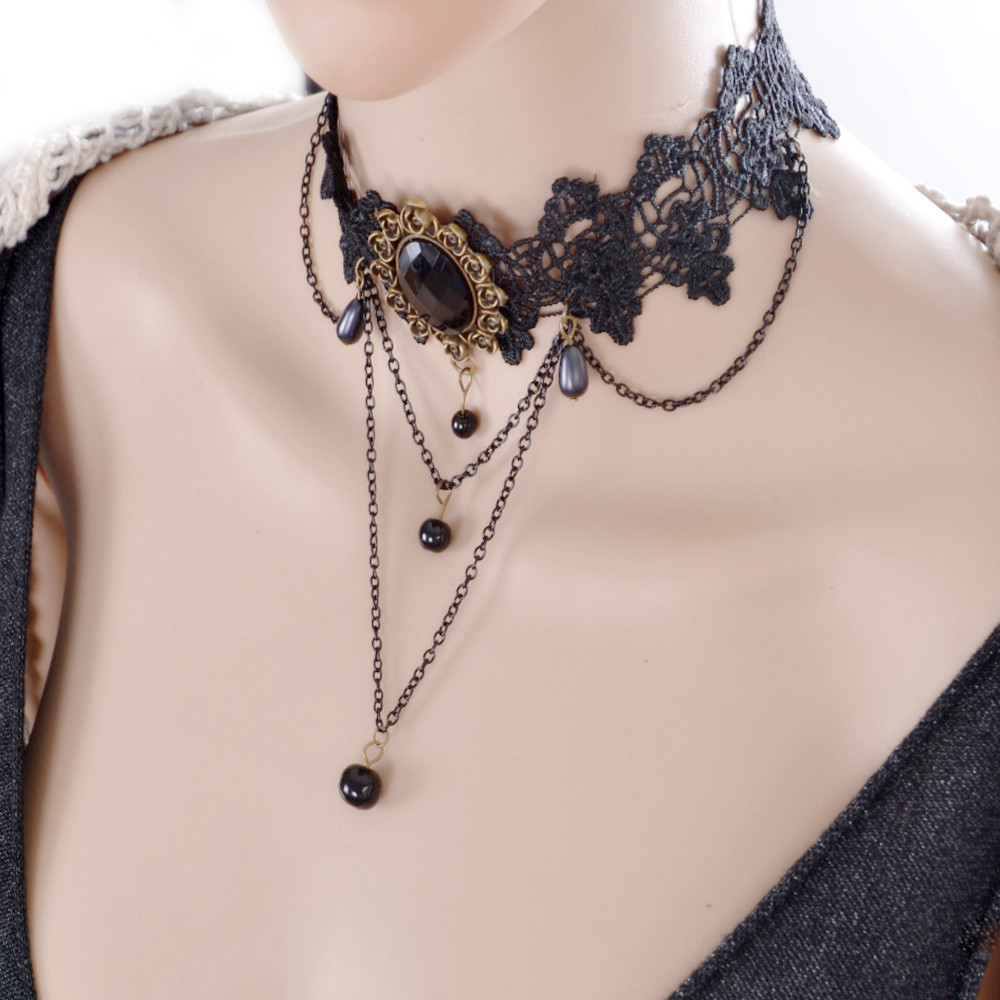 厂家直销 欧洲站大气复古流苏黑色蕾丝脖颈项链圈