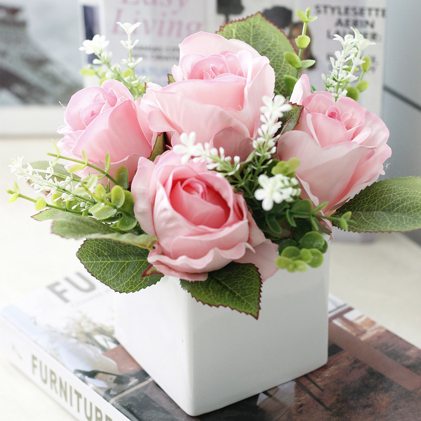 粉色玫瑰花套装 艺术插花盆栽 家居装饰仿