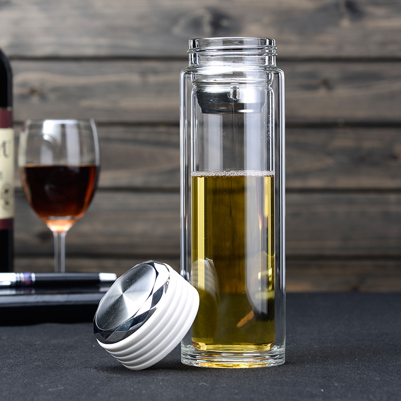 玻璃杯 透明水杯子 防漏 双层耐热茶杯 办公促销礼品杯 带盖 - 中国厨