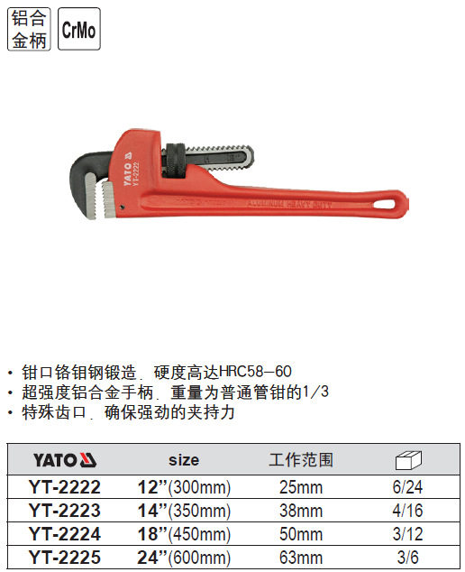 欧洲易尔拓12 14 18 24寸铝合金管钳 水管钳 yt-2222 --yt-2225