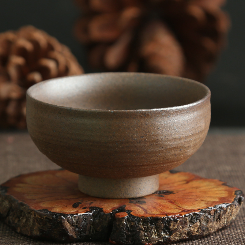 纯手工品茗杯原矿手拉胚柴烧杯粗陶陶瓷茶杯双耳杯普洱主人杯