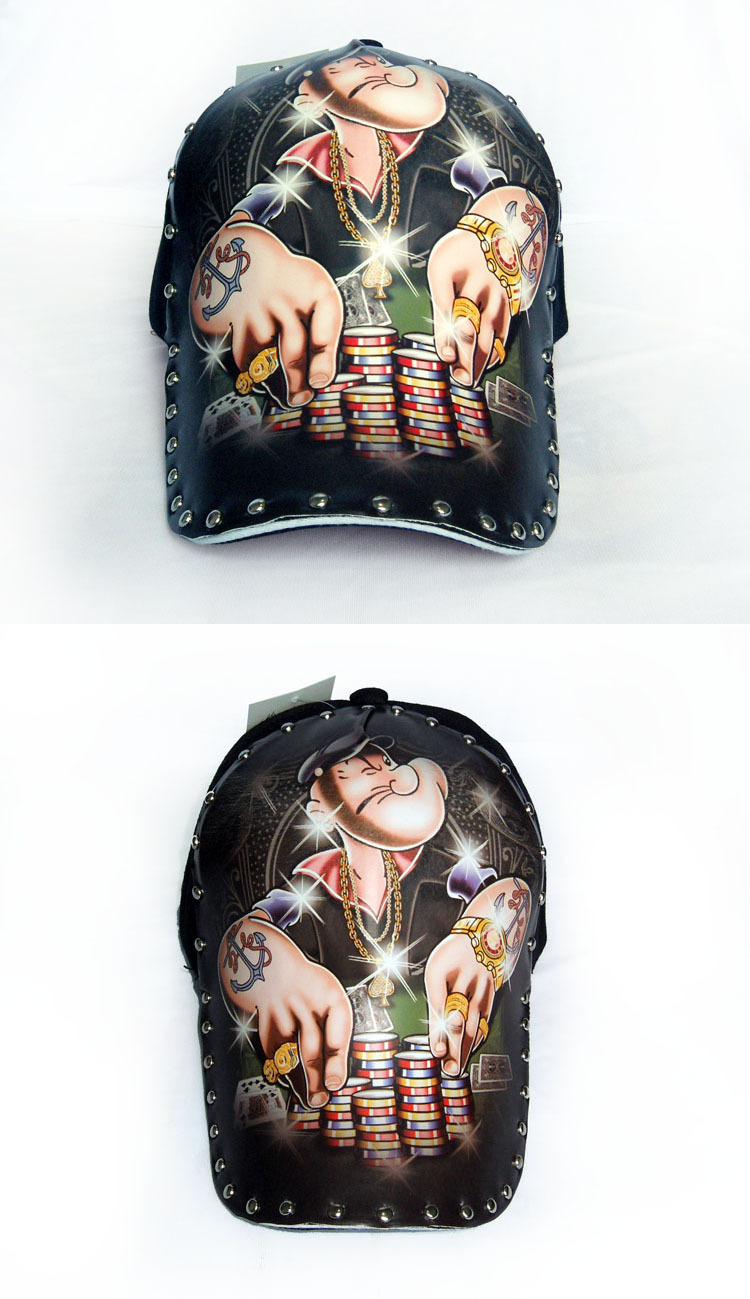 棒球帽男士新款原创个性插画图案柳钉装饰赌豪赌神帽子卡通插图帽