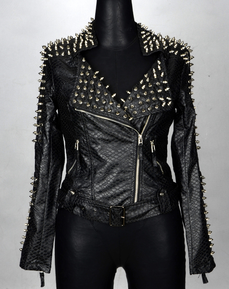 欧美秋冬摇滚女装重工机车服翻领仿绵羊皮衣夹克朋克铆钉外套女