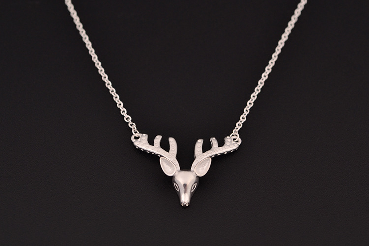s925纯银素银小鹿项链女 鹿头个性银吊坠 短款锁骨链日韩礼物配饰