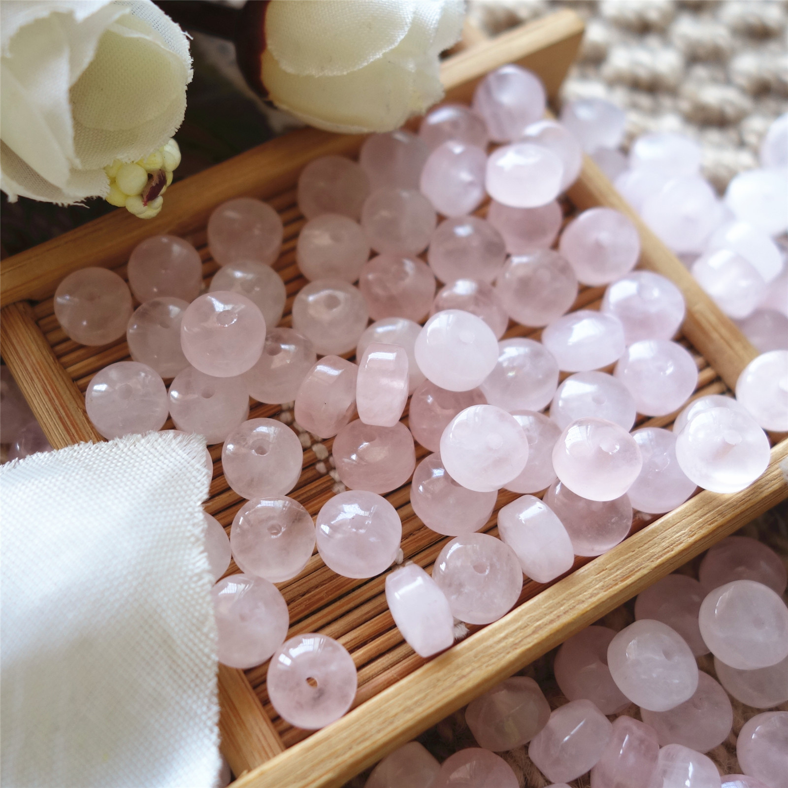 天然巴西粉晶 芙蓉石 扁珠吊坠编织手绳diy配件8x5