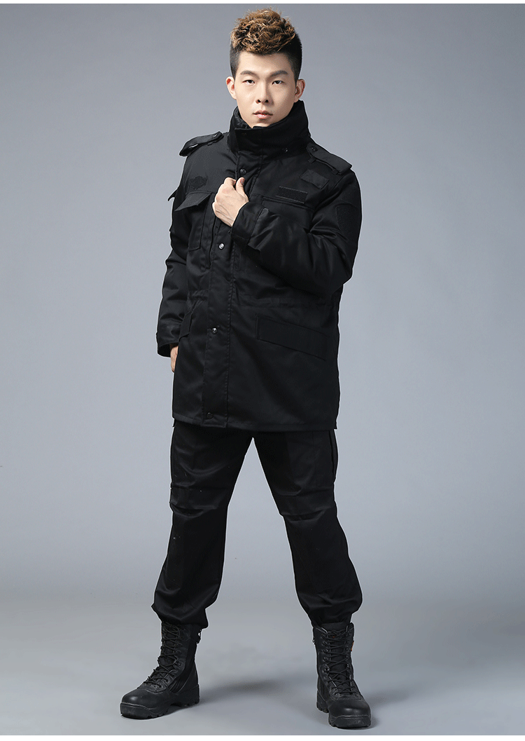 策马保安作训服冬装棉大衣 黑色作训服棉衣男 特训服套装勤务大衣