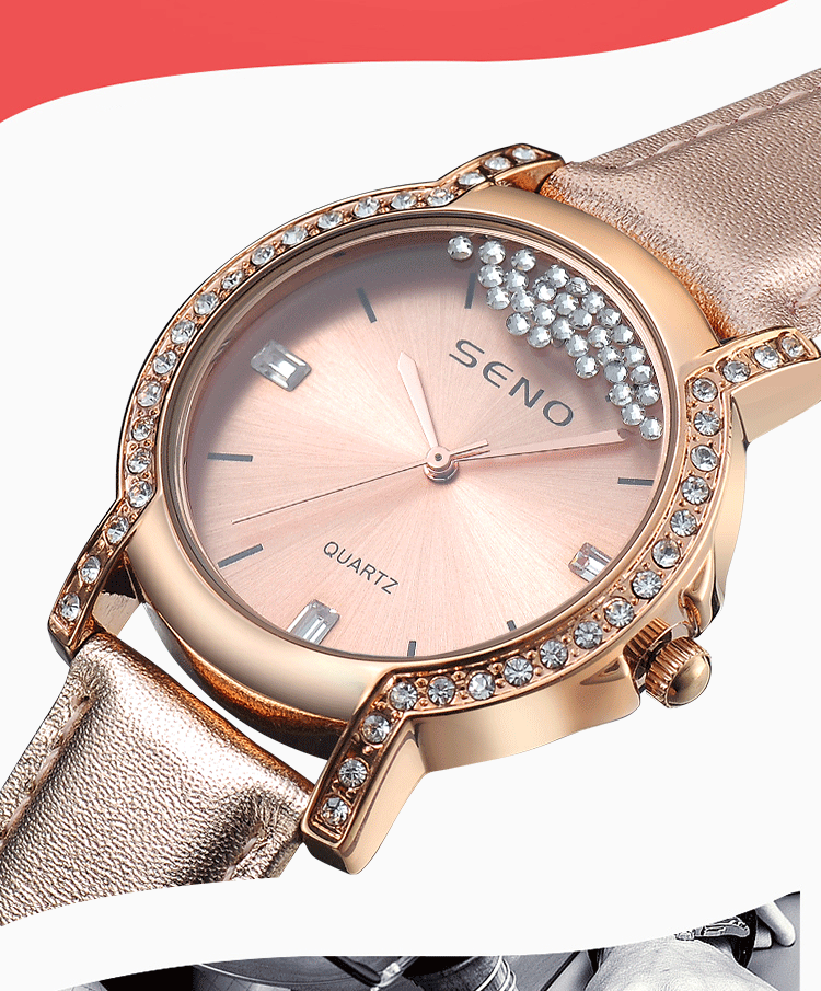 seno辰诺女表新款时尚真皮带女士手表水钻女石英表防水手表批发