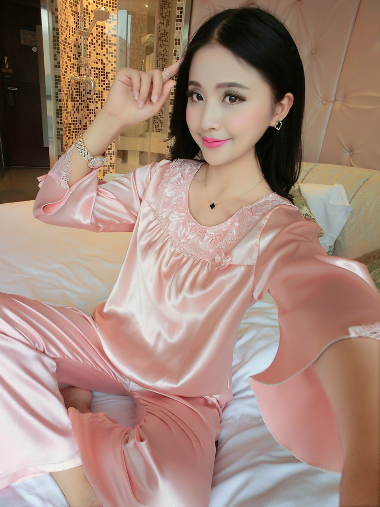 春夏新款女士仿真丝丝绸睡衣套装家居服