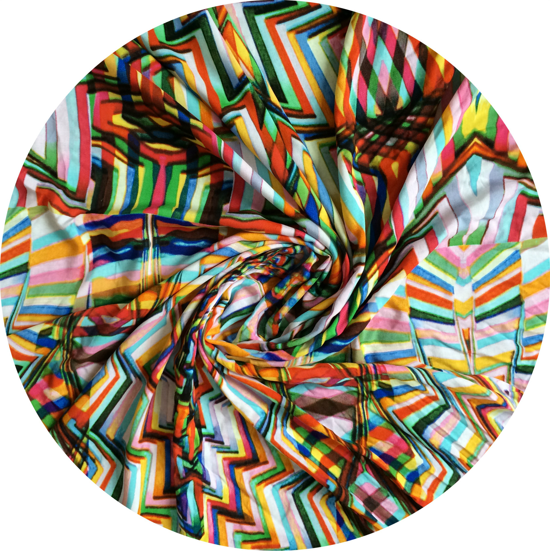 棉绸布料 波普艺术 彩色波浪条纹 立体定位印花面料 度假风 现货