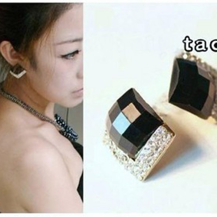 韩国饰品时尚职场/气质方形宝石 镶钻大耳钉无耳洞软垫耳夹-阿里巴巴