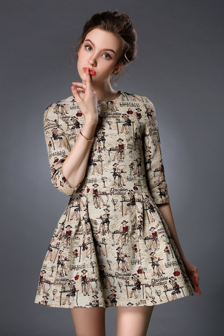 2015秋冬新款欧洲站女装打底裙短 复古七分袖时尚卡通修身连衣裙