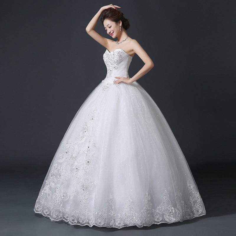 白色婚纱2016新款 韩版抹胸新娘装结婚齐地婚纱 镶钻修身绑带婚纱