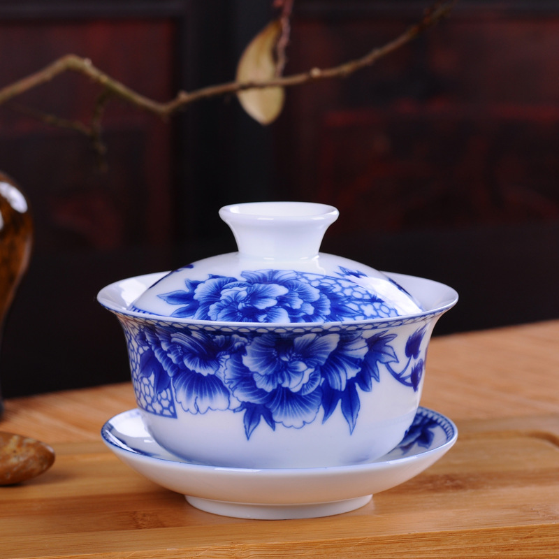 Gao Bai Blue and White Porcelain Cover Teacup Creative Household Tea Brewing Bowl 3.8-Inch Kung Fu Tea Set Gaiwan Wholesale