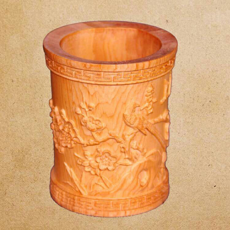 红豆杉笔筒红木雕刻喜上眉梢笔筒办公室家庭书房用具木质摆件