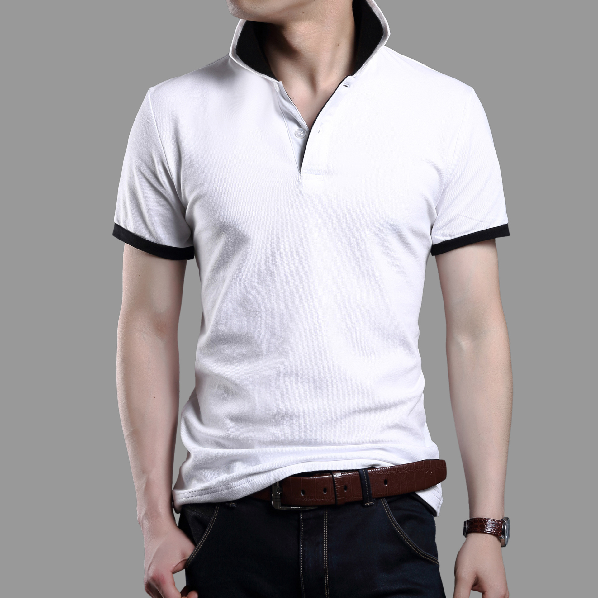 定做高档男女立领polo衫休闲运动双色撞色领短袖t恤定制企业logo