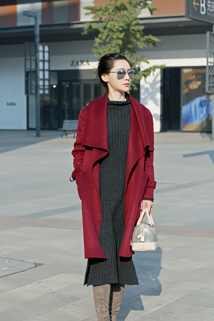 韩国东大门2015冬季新款女 双面羊绒纯色开衫修身大衣