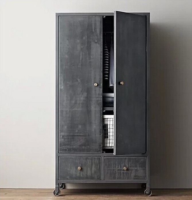 法式乡村铁艺大衣橱,法国工业loft铁轮衣柜,铁艺衣柜 做旧服装架