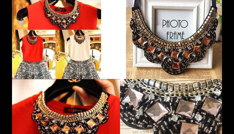 网纱手缝钉珠衣领 服装领口手缝装饰镶钻钉珠 圆领水钻假领子