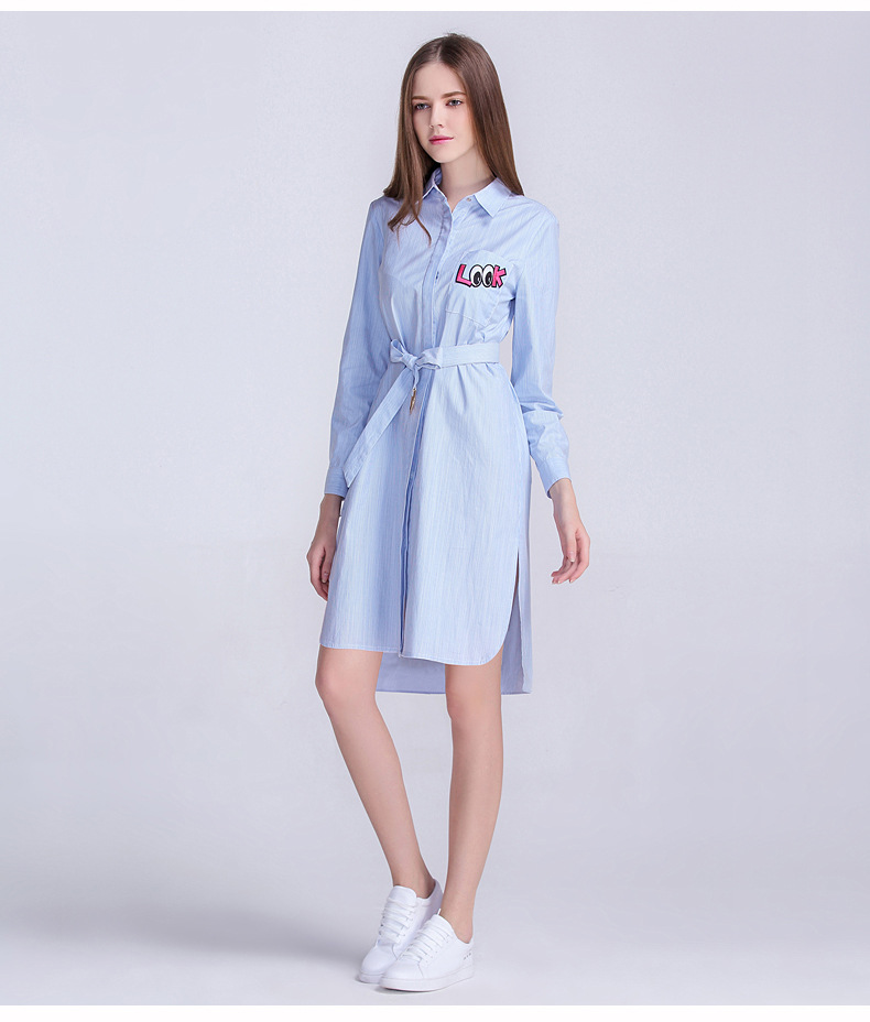 2016秋装新款女装中长款蓝白条纹衬衫气质裙子修身显瘦长袖连衣裙