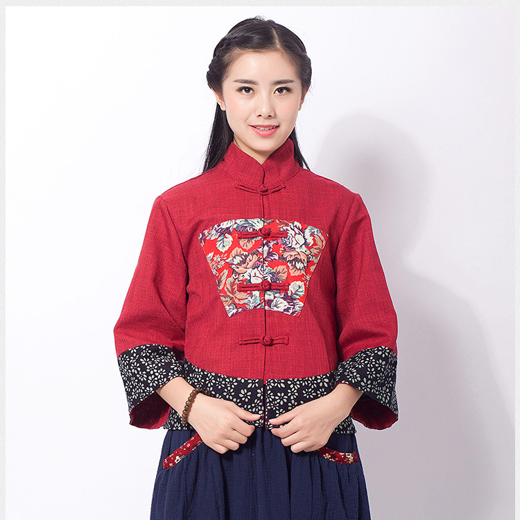 春秋季民族风棉麻女装修身单排扣唐装服装九分袖宽松短款上衣外套