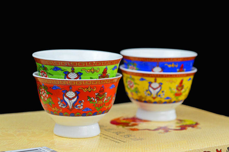 2.8寸陶瓷吉祥八宝藏式碗酥油茶双龙碗酒杯佛教用品特色高脚供杯